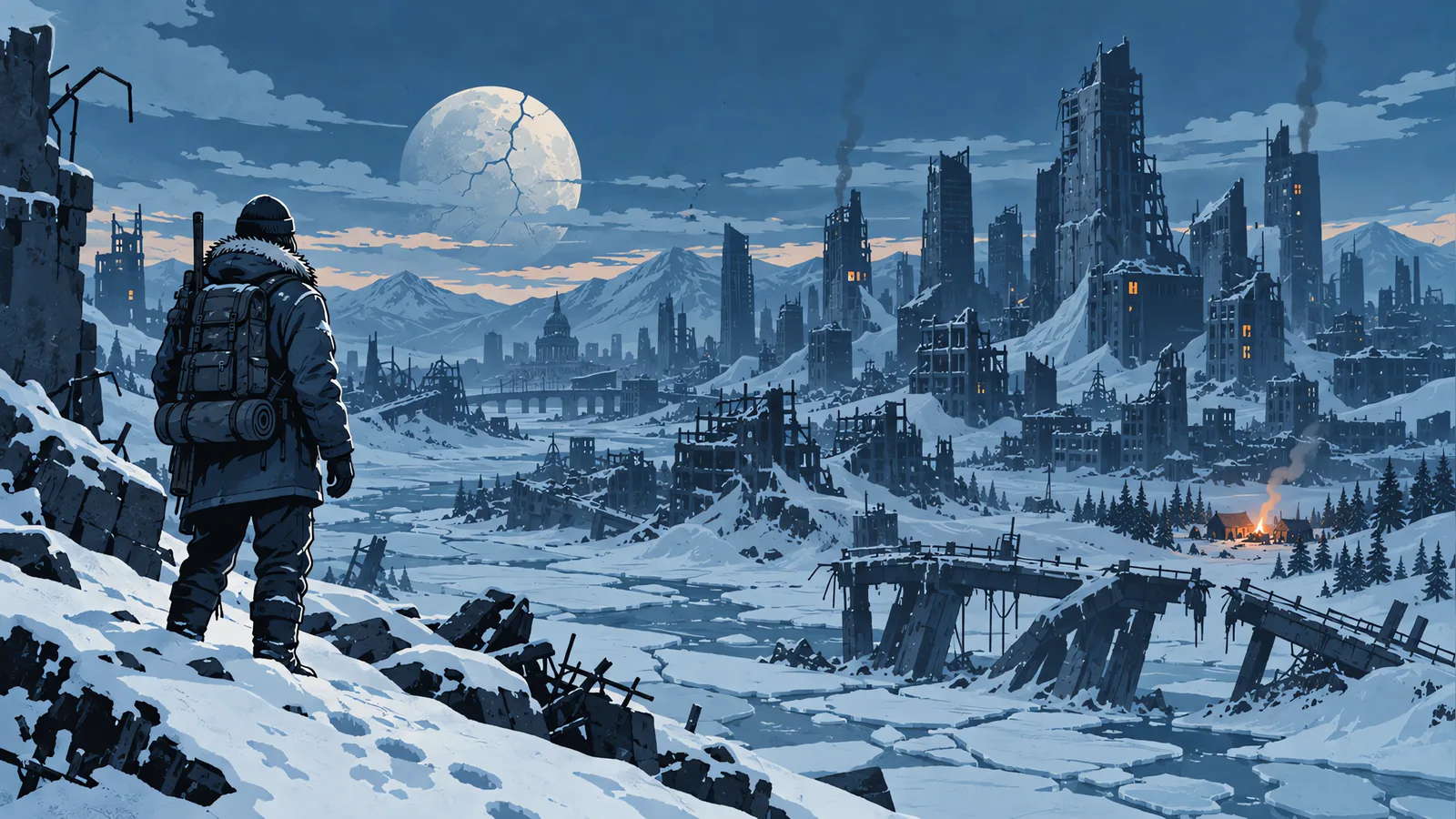 A lone survivor looking out over a frozen ruined city under a cracked moon, with one campfire glowing below