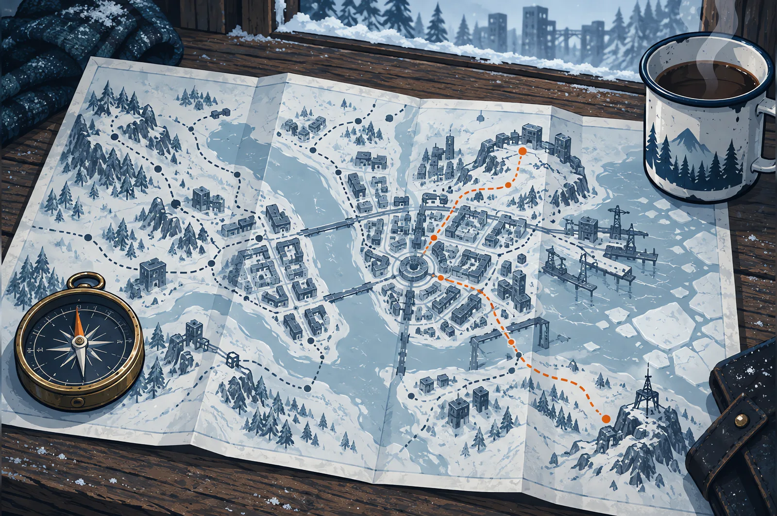 An unfolded map of a frozen city held down by a compass and a mug