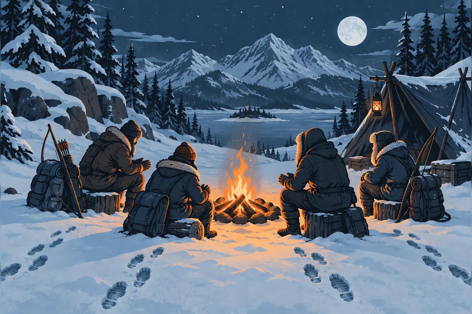 Four survivors warming up at a campfire in a snowbound camp at night