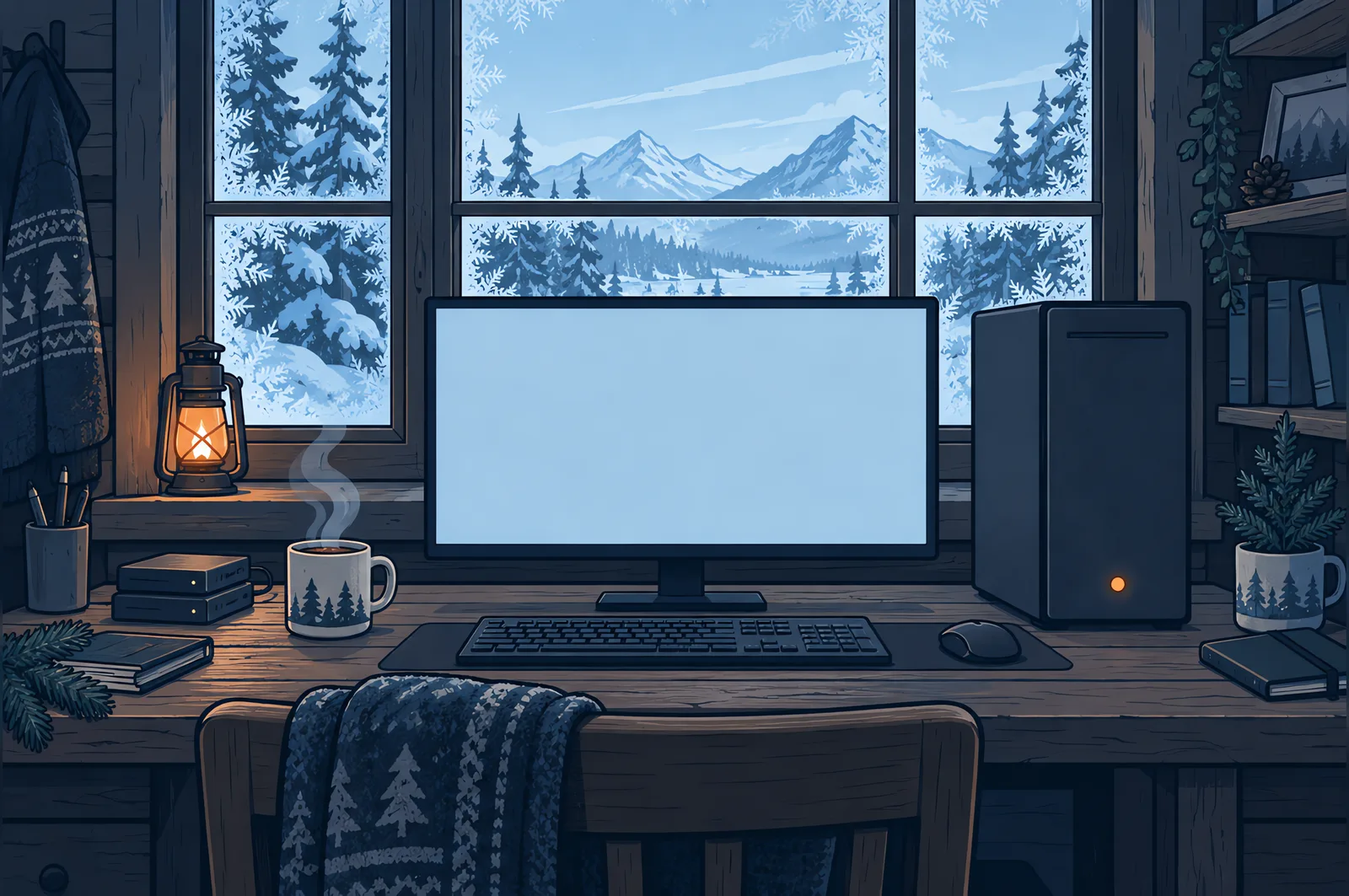 A gaming tower and desk setup in a cabin beside a frozen window